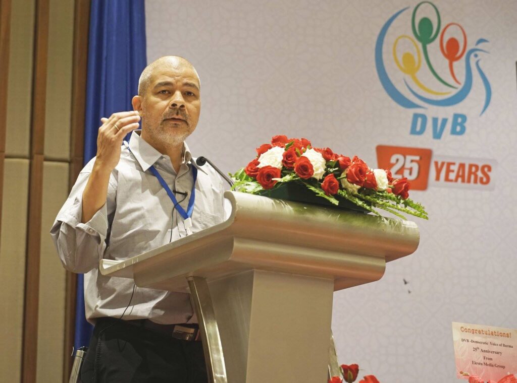 Aye Chan Naing gives a speech while celebrating the 25th anniversary of DVB. Photo: Courtesy